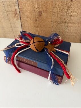 Americana Patriotic Book Stack Décor with Rusty Bell Accent